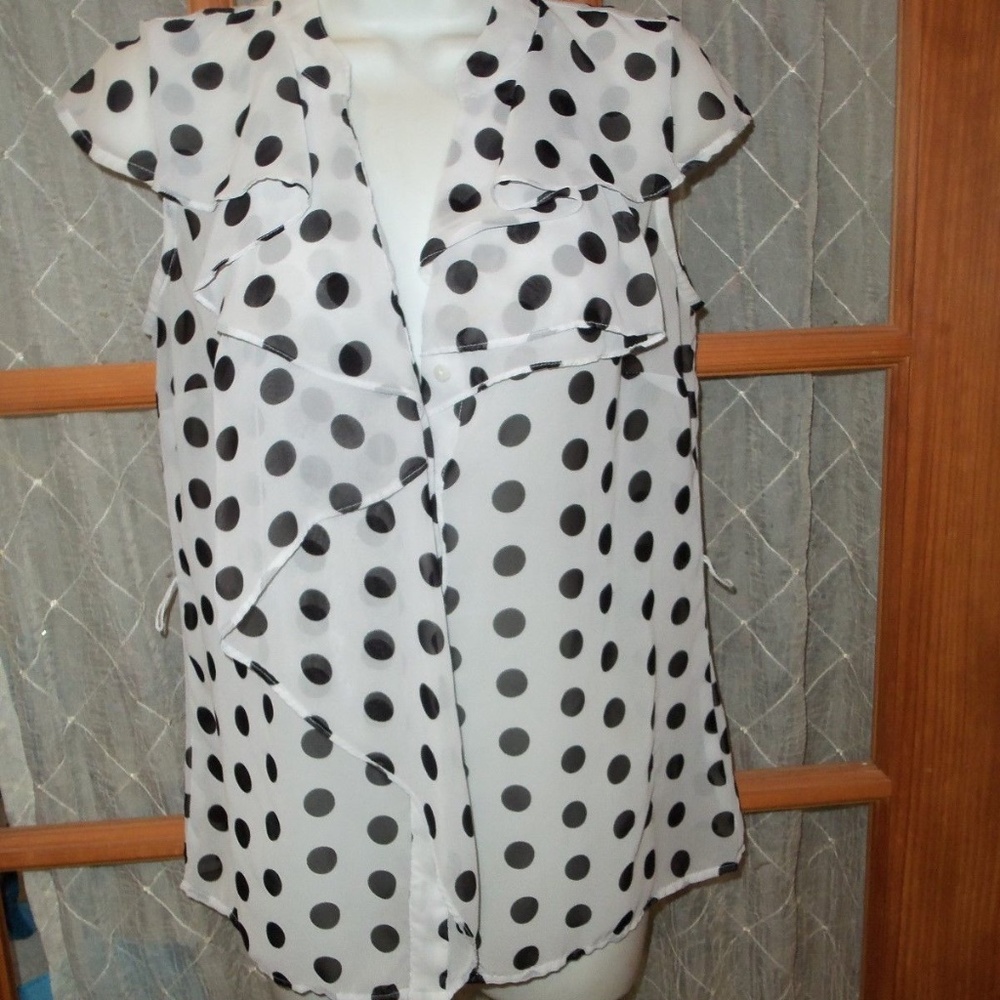 Womens Top Size Small White Sheer with Black Polka